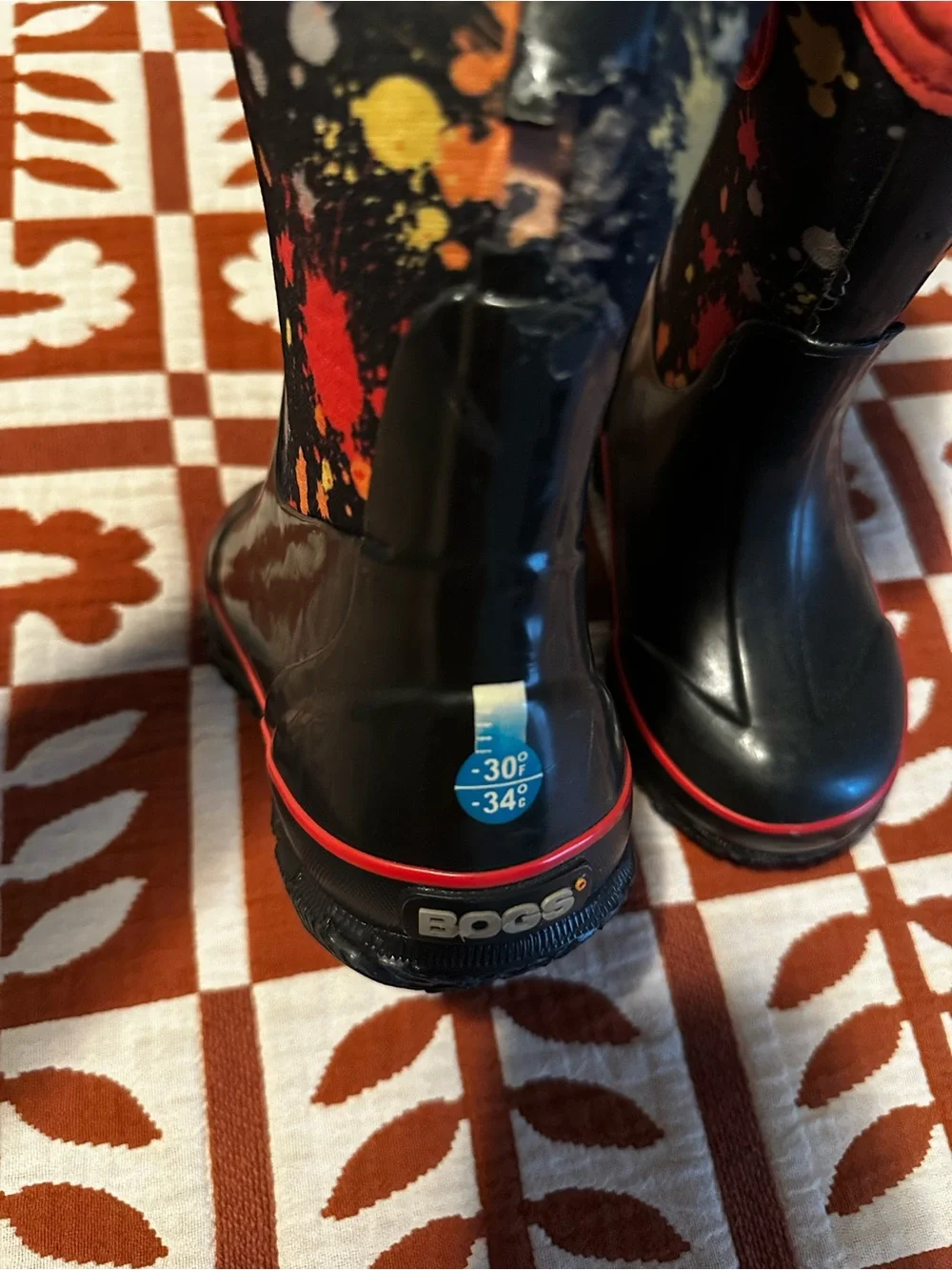 Bogs Kids’ Rain Boots - Black with Red Trim and Colorful Paint Splatter